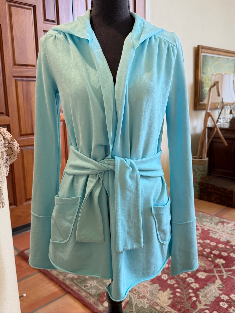 Light Aqua Hooded Wrap Cardigan with Tie Rhinestone Embellishment